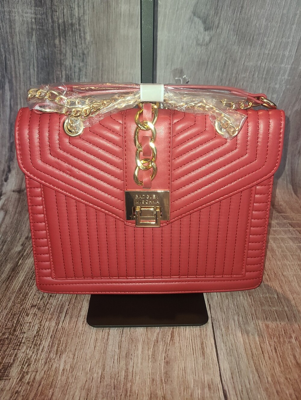 Badgley Mischka Small Red Quilted Satchel with Gold Hardware